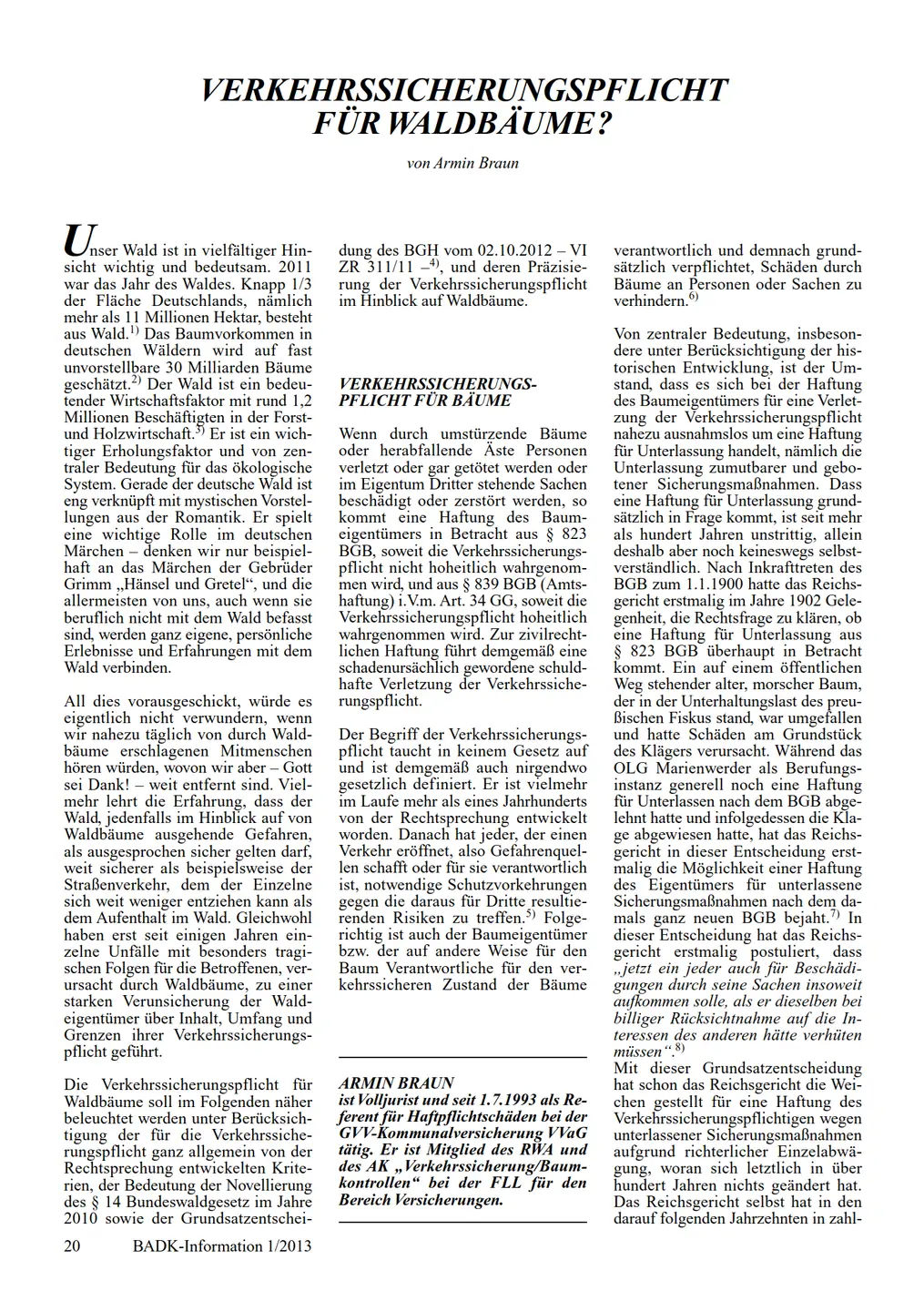03.04.2013: Verkehrssicherungspflicht für Waldbäume Screenshot vom PDF Artikel der ersten Seite