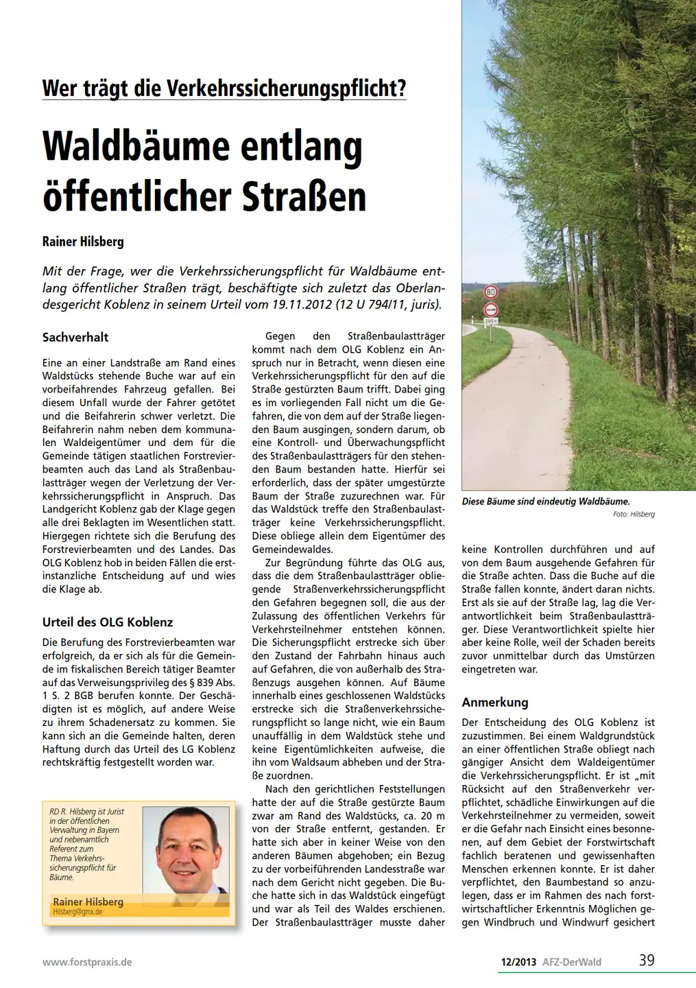 25.11.2013: Wer ist verkehrssicherungspflichtig für Waldbäume an Straßen Screenshot vom PDF Artikel AFZ Der Wald