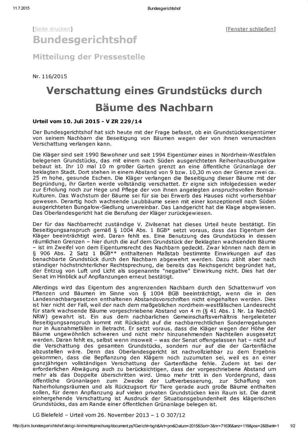 21.07.2015: Grundstücksverschattung durch Bäume Ansicht des PDF der Pressemitteilung des Bundesgerichtshof