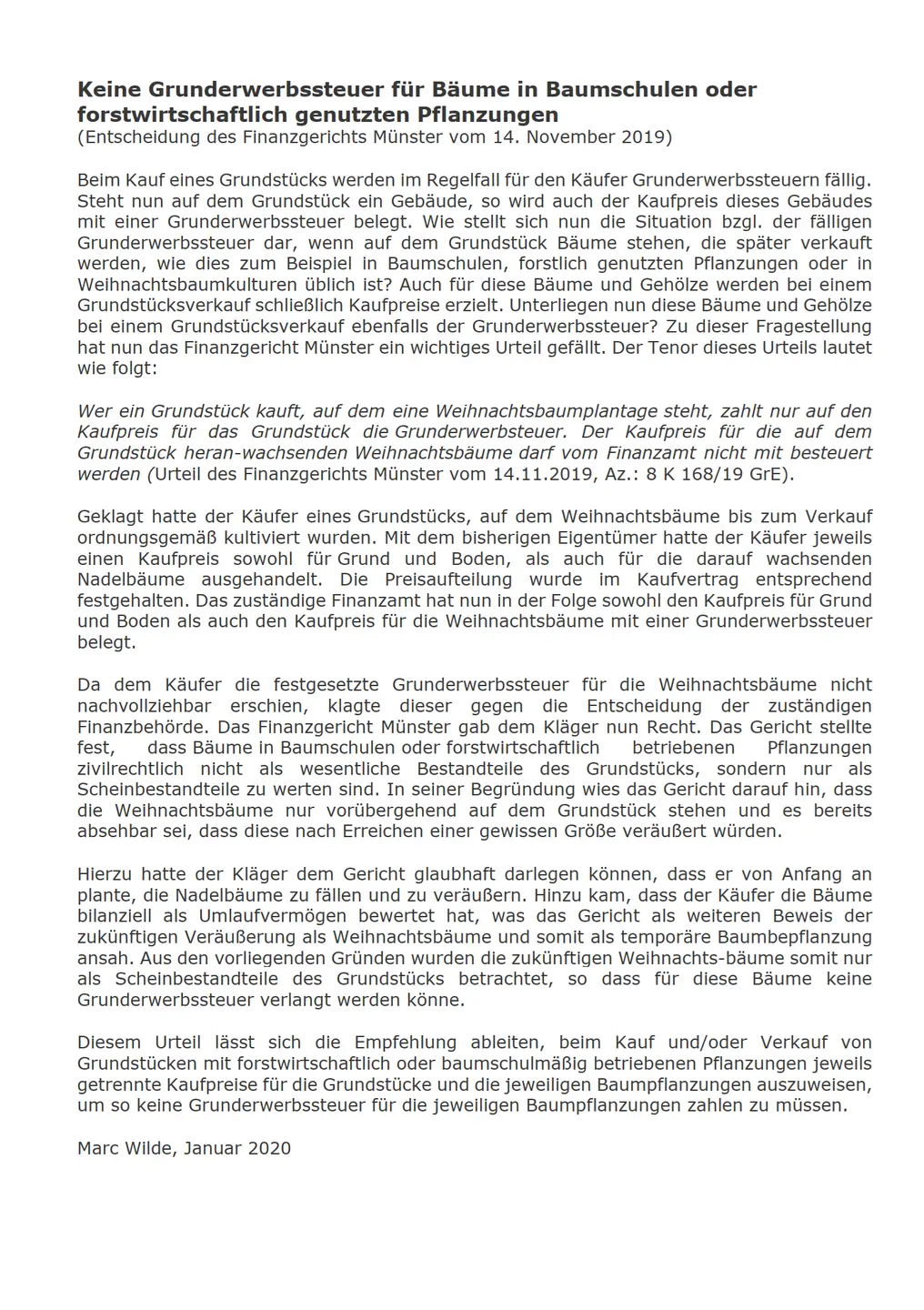 04.01.2020: Keine Grunderwerbssteuer Ansicht des PDF Artikel Zusammenfassung von Marc Wilde