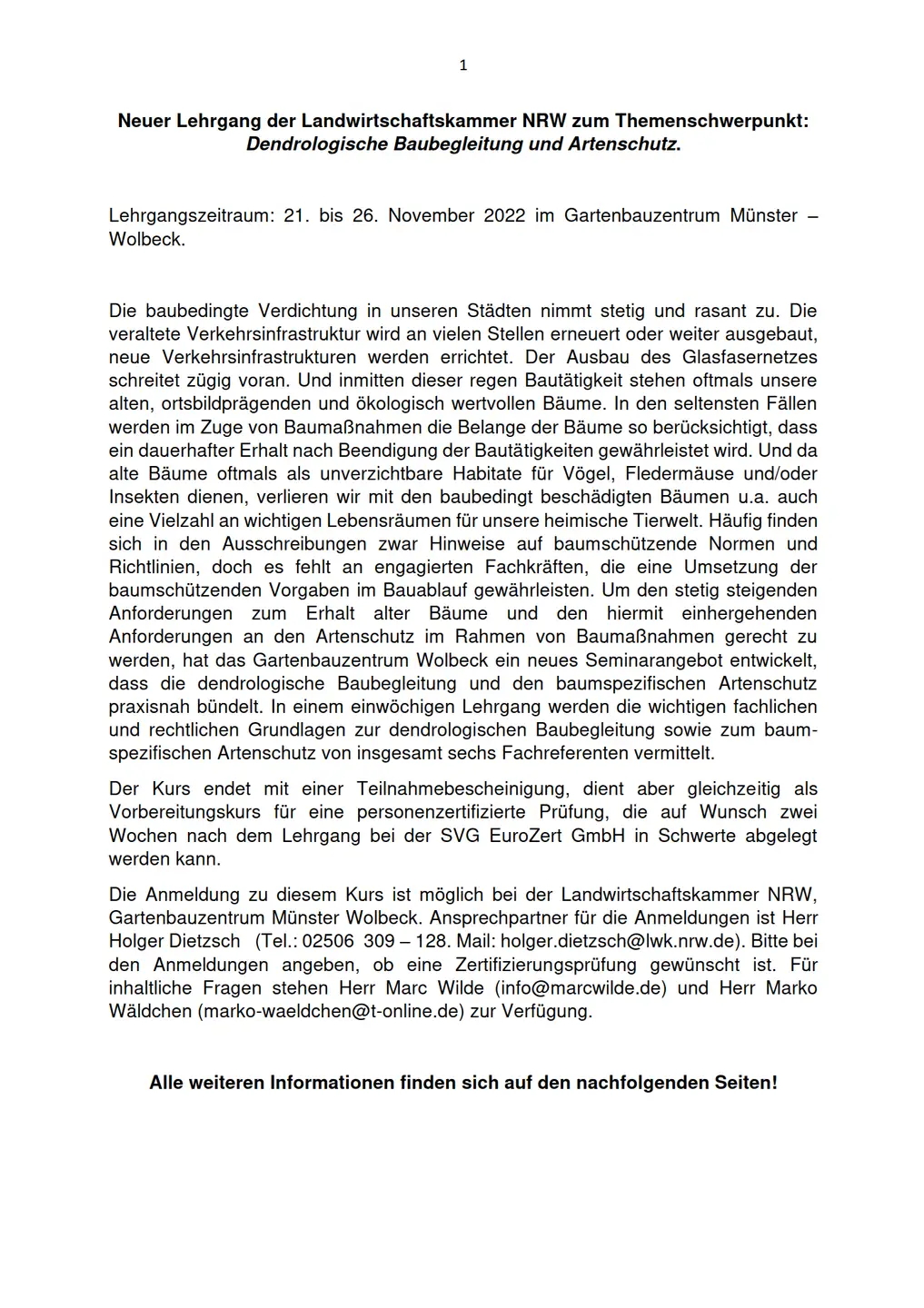 Screenshot der ersten Seite der Lehrgangsinformation