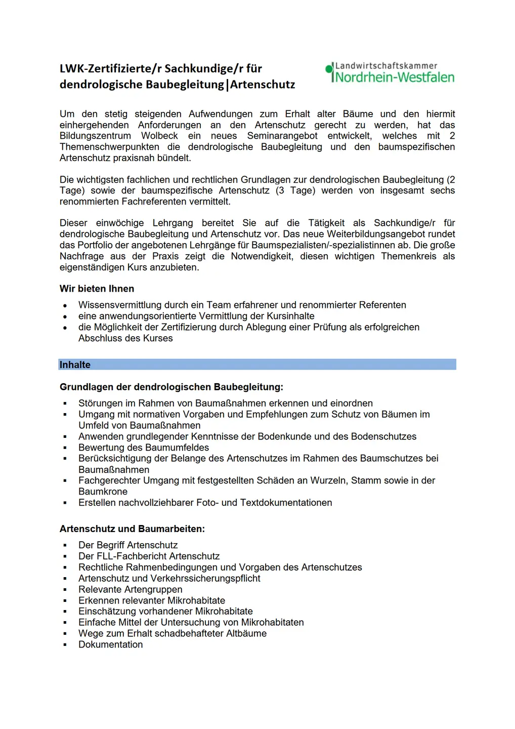 15.09.2022: Neue Informationen zum Lehrgang Dendrologische Baubegleitung und Artenschutz Screenshot zur Lehrgangsinformation für Dendrologische Baubegleitung/Artenschutz